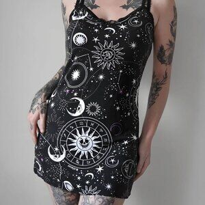 Killstar Astral Lace Cami Night Dress Black Celestial Sleepwear w/ Stars & Lace